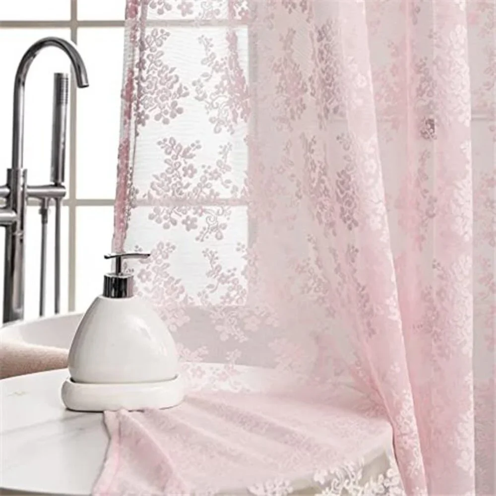 Pink Lace Shower Curtain - Vintage Shower Curtain with Attached Valance, Floral
